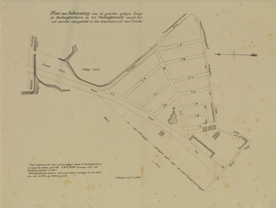 214159 Kaart van het terrein tussen de Oudwijkerlaan / Oudwijkerveldsteeg / 3e Baansteeg / Oosterspoorweg te Utrecht; ...